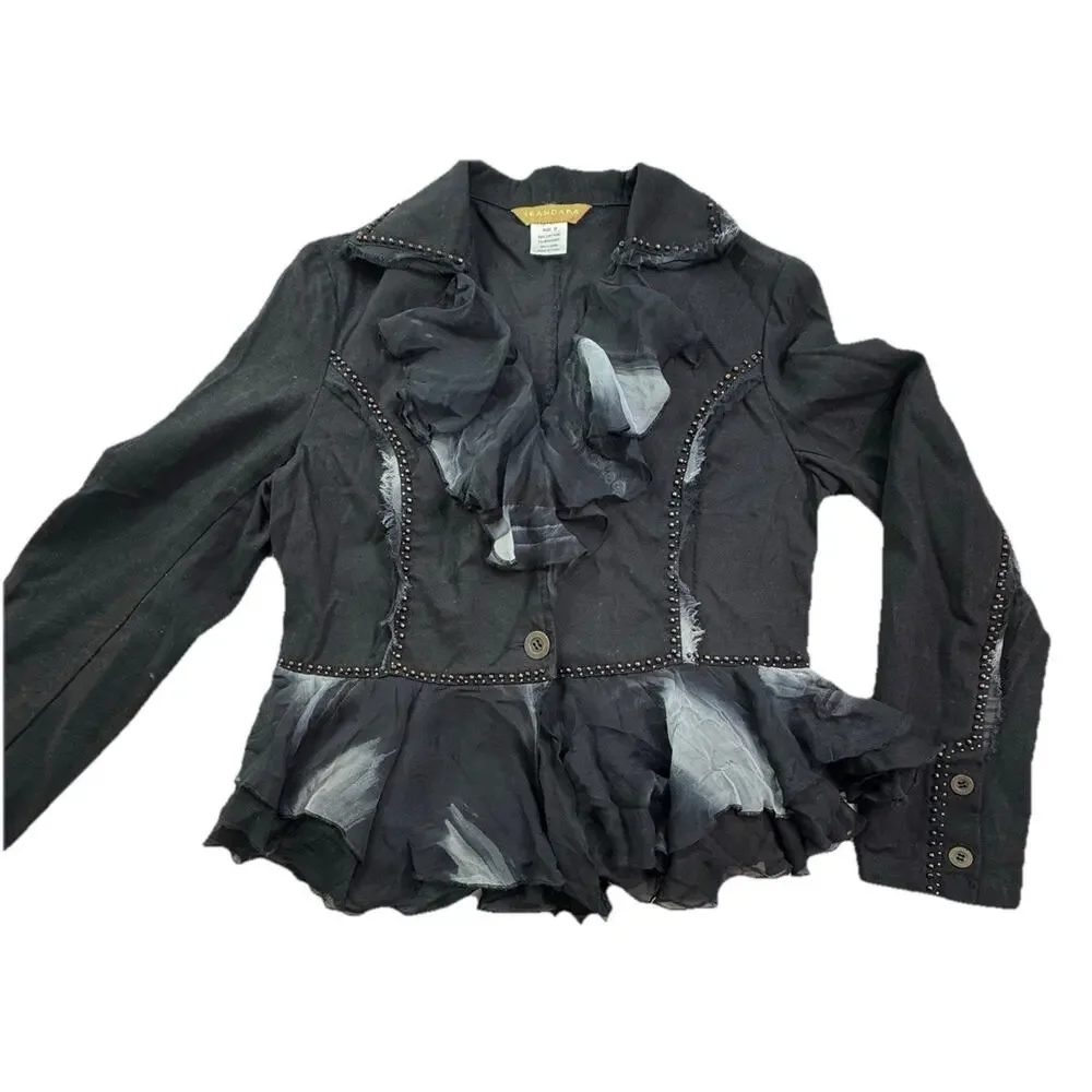 Vtg Seandara Gothic Romance Women M Black Appliqué Jacket Ruffle 90's Y2K Witchy